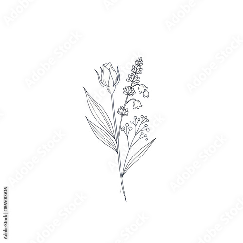 Elegant Floral Line Art Composition with Rose and Lily of the Valley.