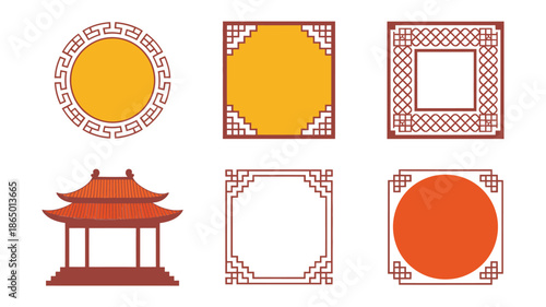 Asian festival frames collection, pavilion icon, round medallions and squares, red gold borders, lunar new year invitation, wedding card template