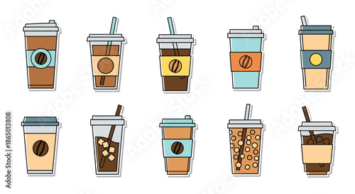 Diverse set of ten colorful coffee and tea takeaway cups with different lids, straws, and sleeves for beverage branding concepts.