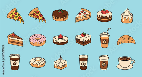 Extensive collection of colorful food and drink icons including pizza, cake, donuts, coffee, and pastries for cafe or restaurant menus.