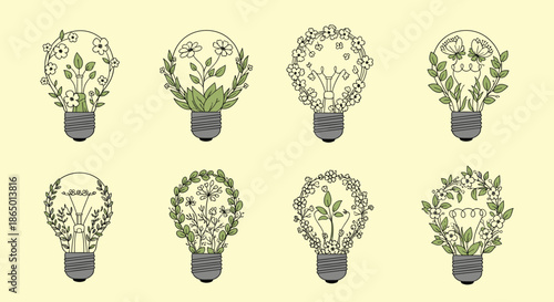 Eight different lightbulbs featuring unique internal floral and leaf arrangements representing eco-friendly ideas and creative thinking.