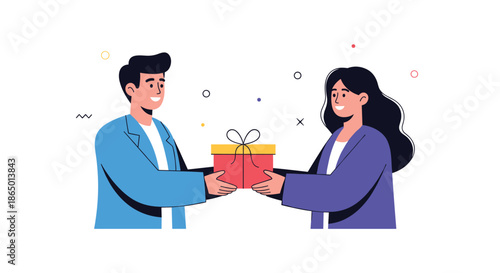 Flat character illustration of a smiling man and woman sharing a red gift box with a yellow lid and bow in a friendly exchange.