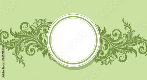 Green circular frame flanked by ornate scrollwork and flourish patterns of leaves and vines for a classical decorative aesthetic.