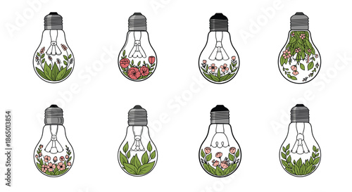 Set of eight lightbulbs filled with different varieties of green plants, herbs, and flowers to symbolize green ideas and sustainability.