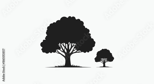 Simple silhouette showing one large spreading tree and a smaller companion tree standing together in a minimalist natural landscape.
