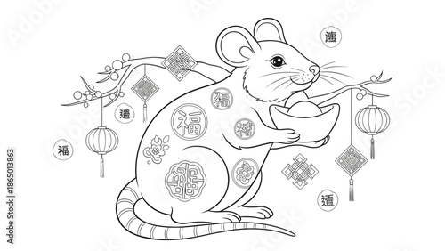 Chinese New Year rat holding bowl surrounded by lanterns and symbols, Generative AI.