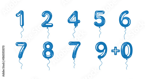 Complete set of blue number-shaped balloons from zero to nine including a plus sign floating on strings for birthday celebrations.
