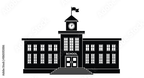 Solid black silhouette of a classic two-story school building featuring a central clock tower and a flag on top against a white background.