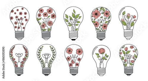 Detailed set of ten lightbulbs filled with various hand-drawn floral arrangements and leaves representing green energy and creative growth.