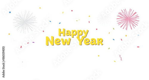 A colorful vector illustration featuring happy New Year fireworks and a floral pattern design with rainbow light shapes for a festive holiday celebration card