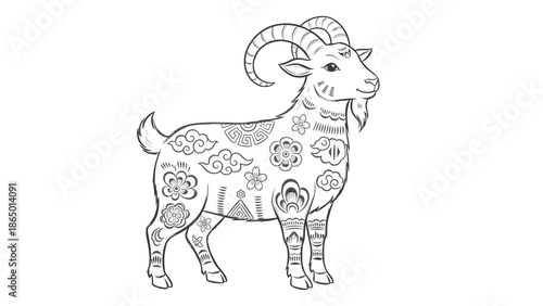 Majestic goat with intricate floral patterns and designs standing proudly, Generative AI.