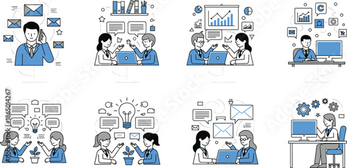 Business communication and teamwork illustration set featuring professionals collaborating online messaging planning analysis and digital office workflow concepts