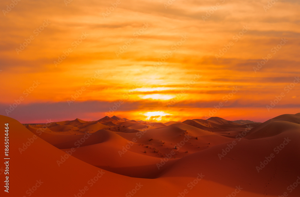 Naklejka premium Sand dunes in the Sahara Desert at amazing sunrise, Merzouga, Morocco - Orange dunes in the desert of Morocco - Sahara desert, Morocco