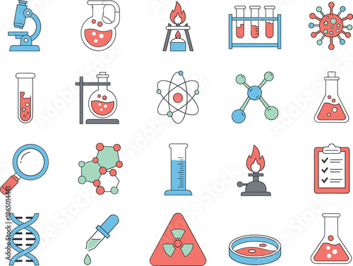 Science laboratory icon illustration set featuring chemistry biology research equipment experiments molecules and medical laboratory symbols