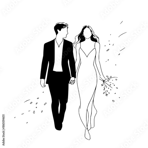 Wedding illustration bride and groom minimalist line art drawing romantic couple marriage ceremony celebration love