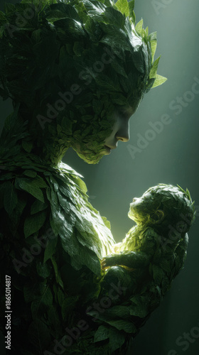 Woman holding a baby in her arms, surrounded by leaves. Professional commercial content. Commercial. High-resolution. High-res. Premium quality. Premium. Professional grade. Quality. - Professional
