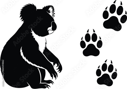 Koala Silhouette Vector Illustration with Animal Paw Prints Isolated on White Background Wildlife Design