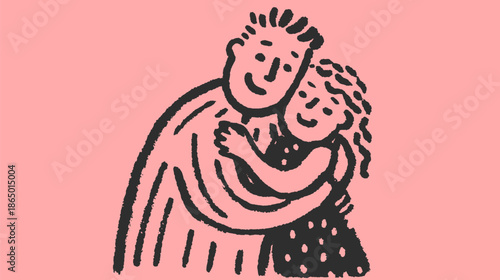 Couple embracing in a simple black and white vector illustration. Modern style on a pink background, showcasing love and connection.