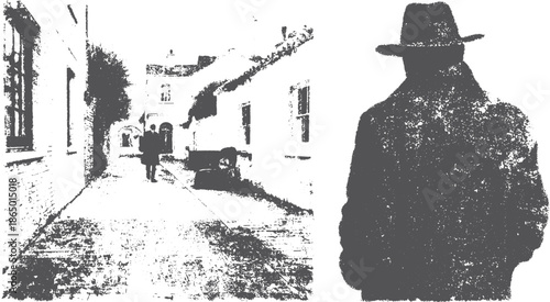Street scene featuring a man in winter attire. Black and white silhouette illustration with a mysterious urban backdrop vector.