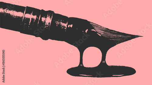 Paintbrush with ink on a pink background. Simple vector illustration of an artistic tool for creative designs.