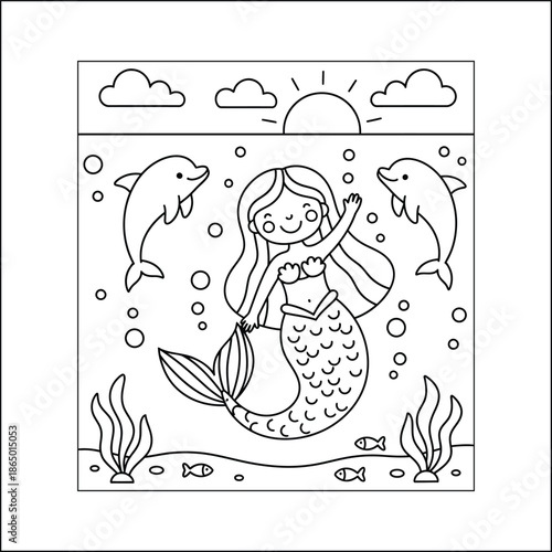 mermaid coloring page line art vector	