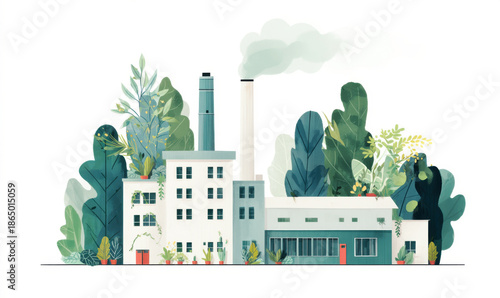 Factory with smoke coming out of its chimneys, surrounded by lush green trees and plants. Professional commercial content. Commercial. High-resolution. High-res. Premium quality. Premium. -