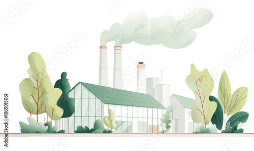 Factory with smoke coming out of its chimneys, surrounded by trees and plants. Professional commercial content. Commercial. High-resolution. High-res. Premium quality. Premium. Professional grade.