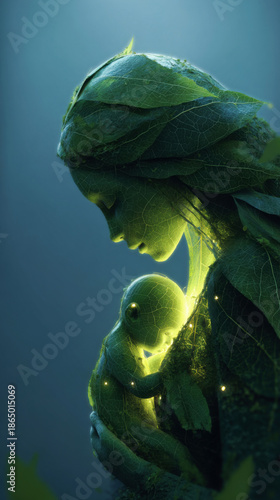 Woman holding a baby in her arms, with a leaf in her hair. Professional commercial content. Commercial. High-resolution. High-res. Premium quality. Premium. Professional grade. Quality. - Professional