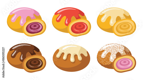 Sweet bun icons vector set with frosted rolls, cinnamon glaze, chocolate swirl, sugar dust, pastry variety, bakery illustration for branding
