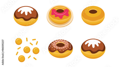 Donut icons vector set with glazed rings, jelly filling, sugar frosting, icing drizzle, crumbs, bakery dessert illustration for cafe branding