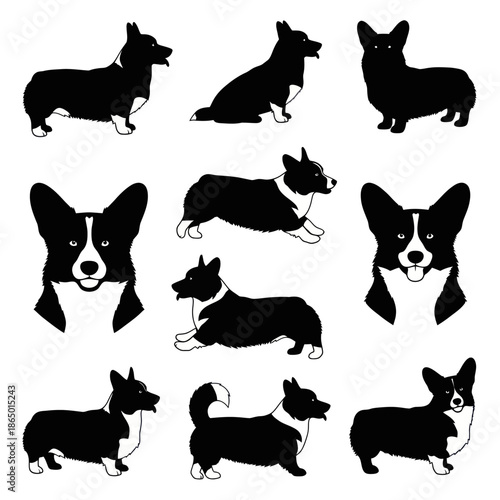 Collection of Black and White Corgi Dog Silhouettes.