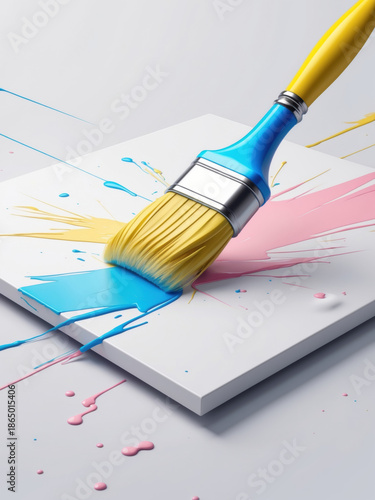 A paintbrush sweeps energetic blue, orange, and red paint strokes across a white surface. The dynamic, vector-style artwork represents creativity, design, and artistic expression in action.