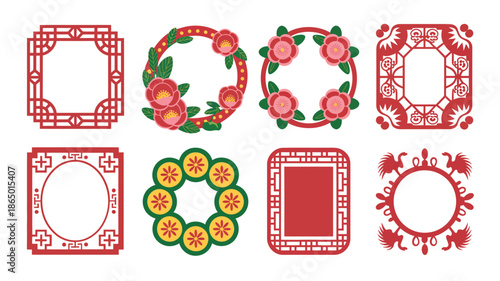 Mandarin orange wreath frames vector set with floral clusters, hanging lanterns, auspicious coins, festive border templates for spring festival greeting