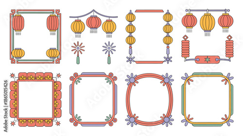 Lantern and firecracker frame vector pack with tassel corners, hanging strings, celebration border templates for lunar new year design