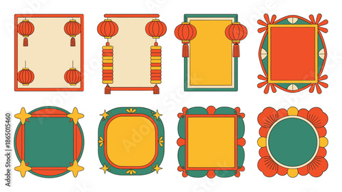 Festival lantern frame collection with tassel columns, scroll corners, circular badges, square borders, traditional invitation and poster template graphics