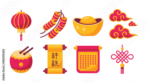 Spring festival decoration bundle, hanging lanterns, ribbon firecrackers, prosperity gold ingot, lucky clouds, fortune calendar, knot ornament, celebration vector
