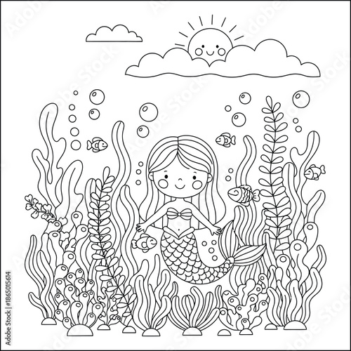 mermaid coloring page line art vector	