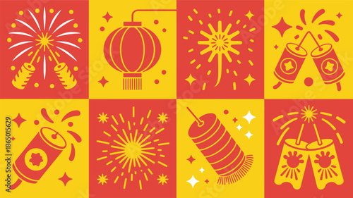 Festival fireworks tiles set, lantern sparkles, rocket crackers, exploding stars, bright celebration squares, new year party background vector elements