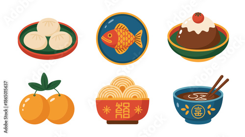 Lunar new year food icons, dumplings plate, mandarin oranges, steamed fish, rice cake, noodle bowl, prosperity character, festive cuisine vector