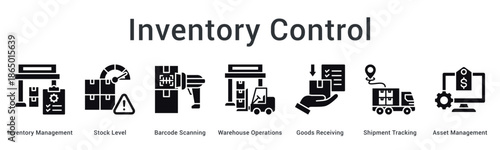 Inventory control banner web icon manages stock levels through barcode scanning in warehouse operations efficiently.
