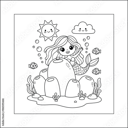 mermaid coloring page line art vector	