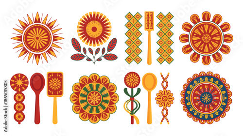 Shrovetide festival motifs, radiant sun wheels, floral medallions, straw dolls, ribbon-tied spoons, harvest patterns, Slavic spring carnival decoration, icon vector