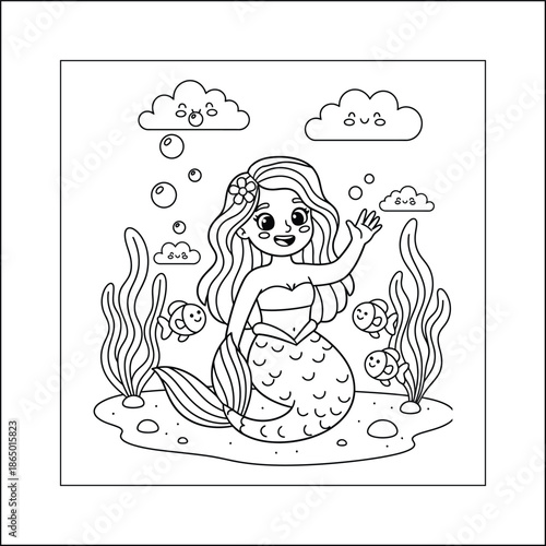 mermaid coloring page line art vector	