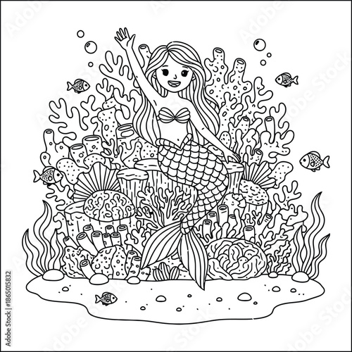 mermaid coloring page line art vector	