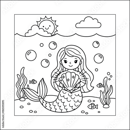 mermaid coloring page line art vector	