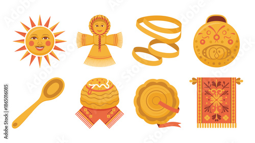 Shrovetide holiday vector icons with sun symbol, straw doll, bagels, honey pot, pancakes, folk towel, warm festival decoration design