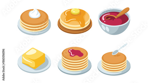 Stack of pancakes vector icons with syrup, sour cream, berry jam, butter slice, breakfast plate, sweet dessert, pancake day design