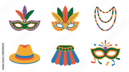 Masquerade party elements featuring feather masks bead necklaces sun hat and colorful striped skirt icons for carnival festival designs
