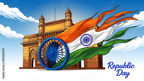 Republic day india illustration with indian flag and landmark