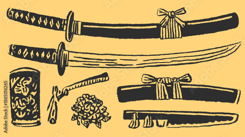 Japanese katana sword set with black handles and yellow background. Simple vector illustration showcasing historical design in an artistic style.
